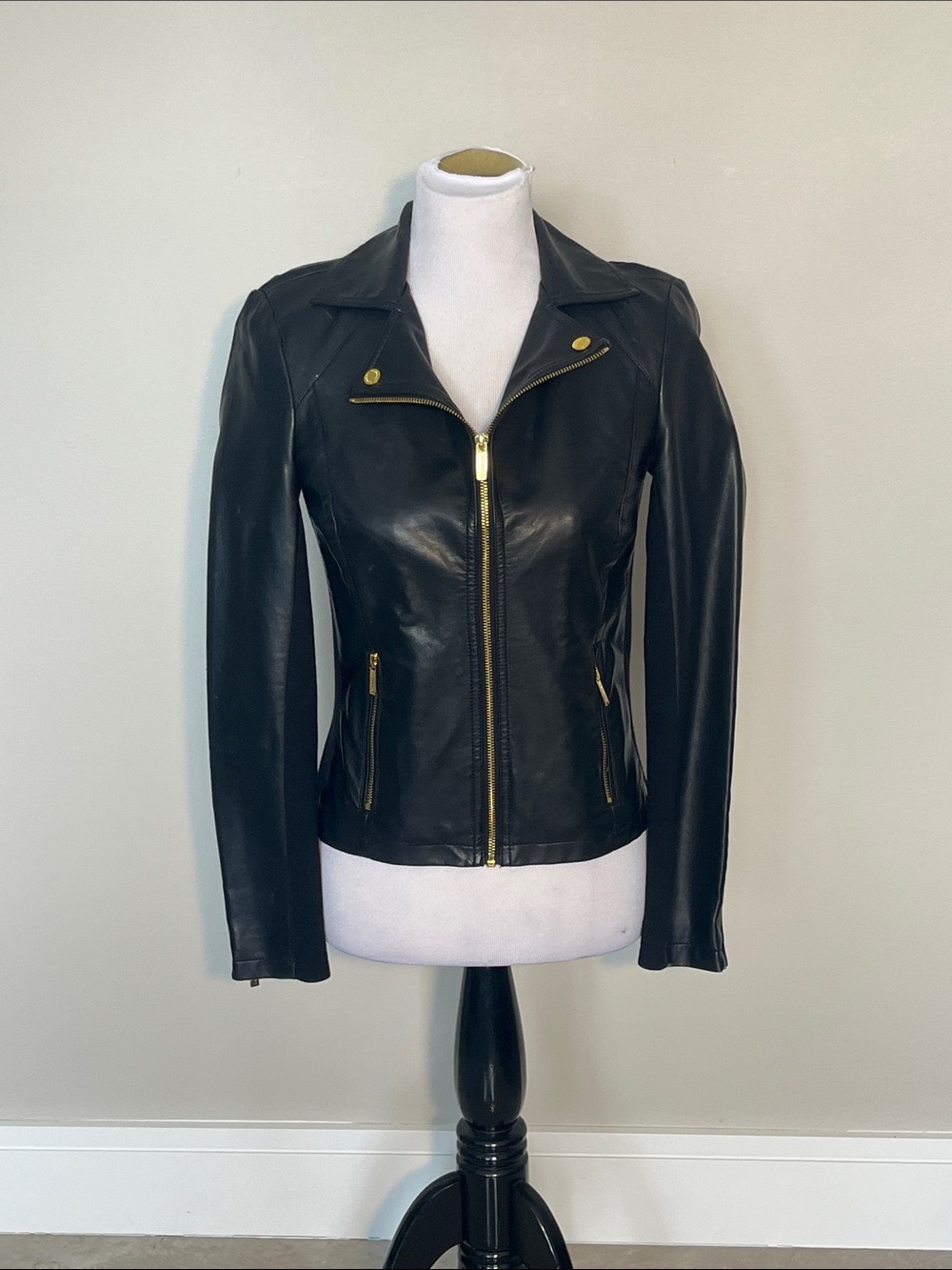 Calvin Klein Black Leather Jacket with Gold Hardware
